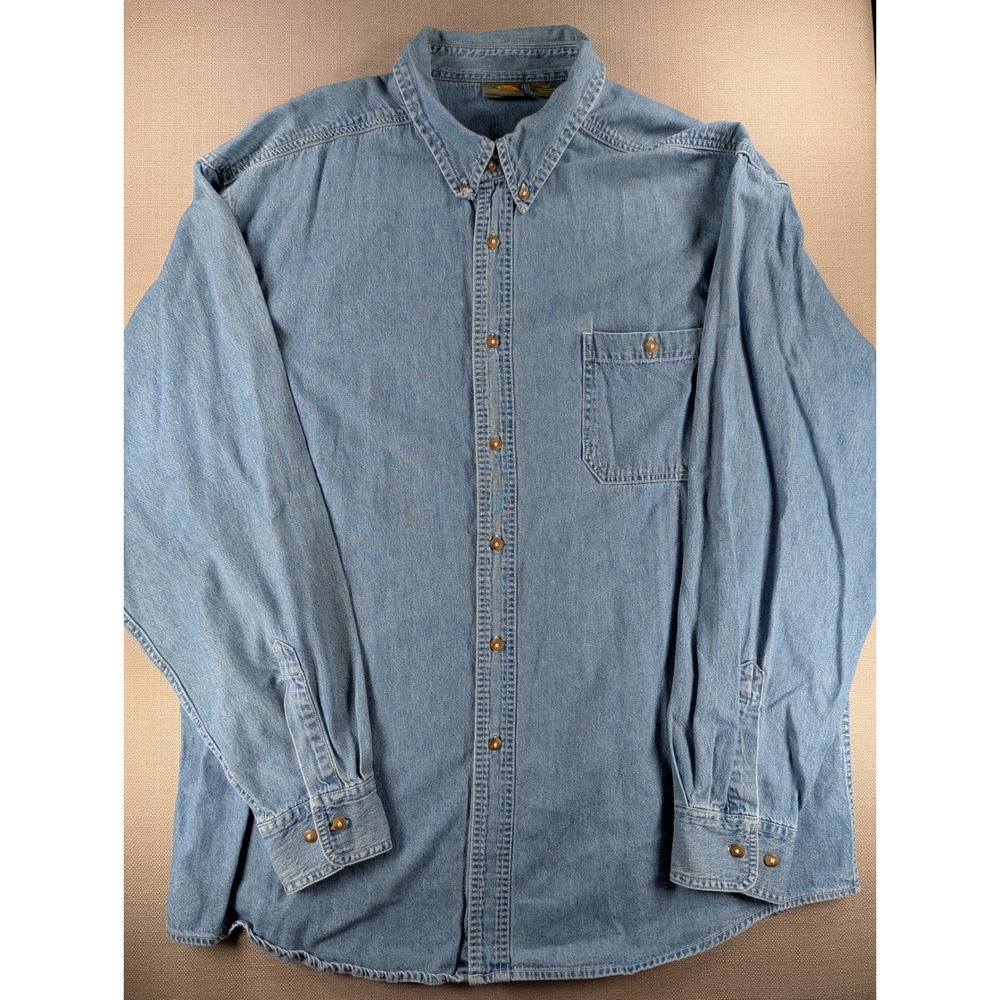 Vtg Y2K Bass Pro Shops Denim Shirt Mens XLT Blue Cotton Long Sleeve Button Down